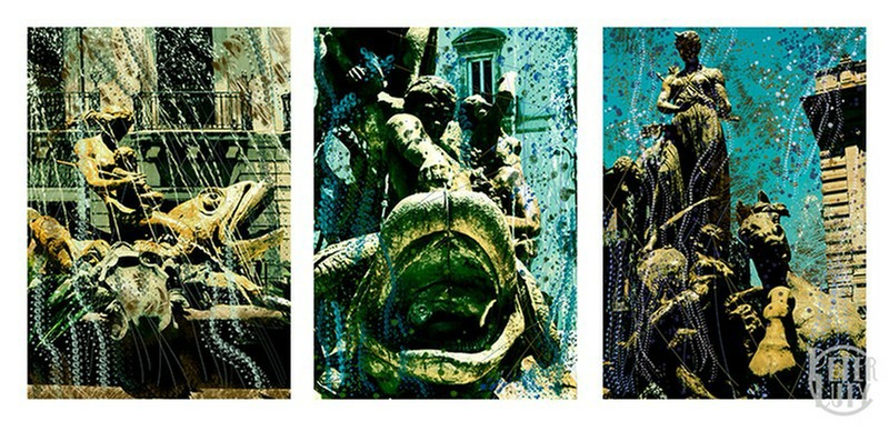 Three photographs of a fountain with digital additions.