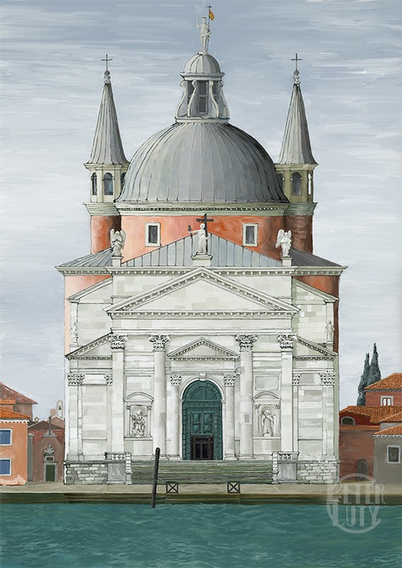 A hand-drawn digital print of the church Il Redentore in Venice